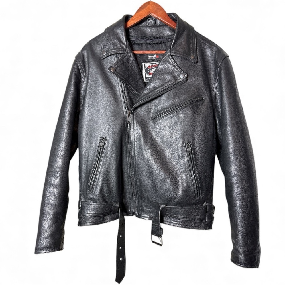 River Road Cropped Moto Heavy Leather Jacket Size L Men’s 44 Black Zip Road Trip